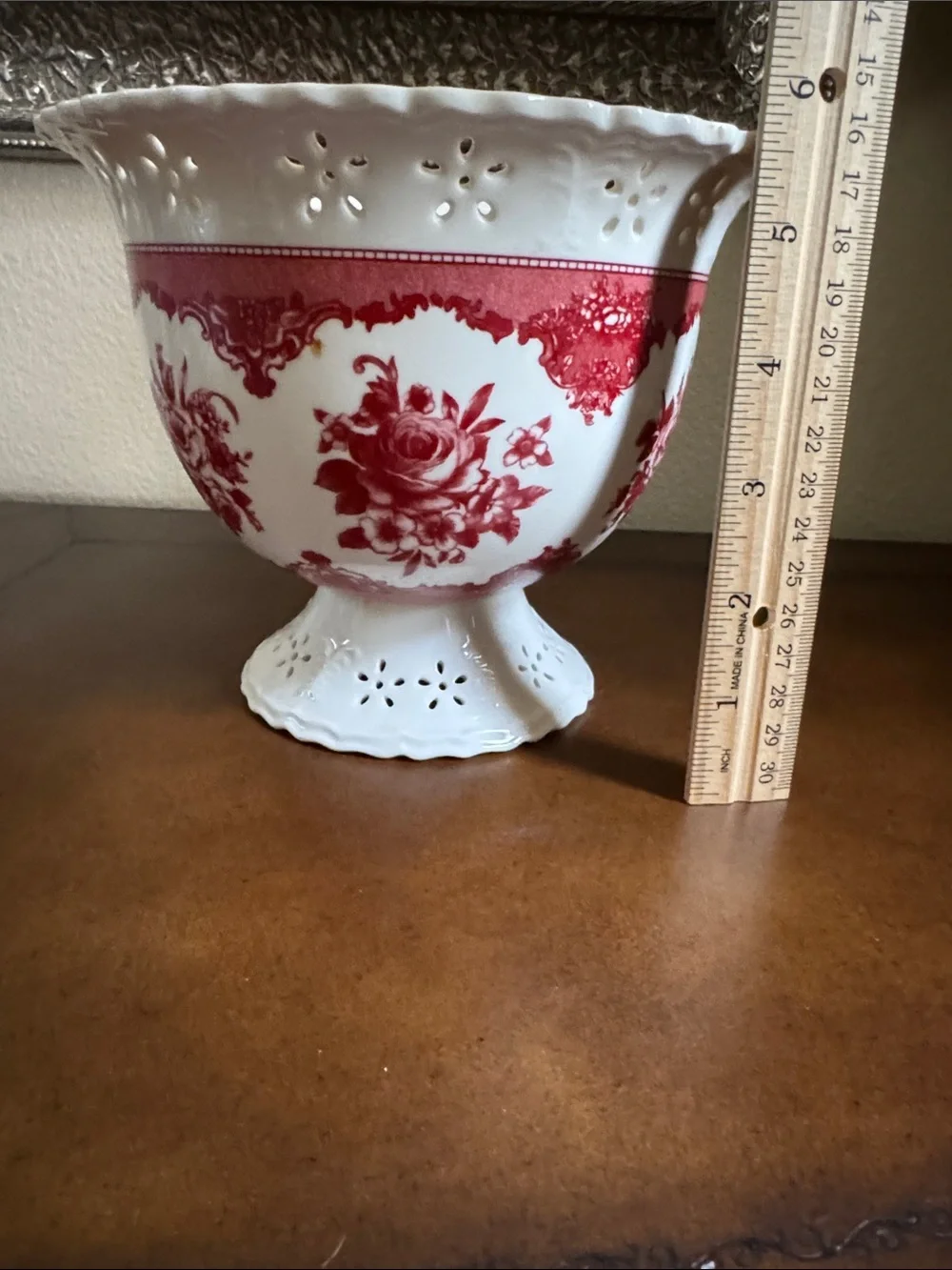 Vintage White Ceramic Pedestal Vase Planter Compote with Red Floral Pattern